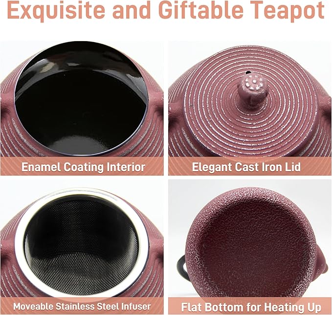 20.3oz Small Cast Iron Teapot, SECHUDO Tea Kettle for Stovetop Safe Coated with Enameled Interior, Tea Pot with Stainless Steel Infuser for Loose Tea (Pink Pinstripe Pattern)