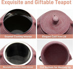 20.3oz Small Cast Iron Teapot, SECHUDO Tea Kettle for Stovetop Safe Coated with Enameled Interior, Tea Pot with Stainless Steel Infuser for Loose Tea (Pink Pinstripe Pattern)