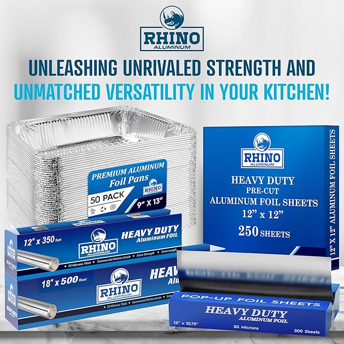 Rhino Aluminum Foil Heavy Duty - 18 x 525 sf, 25 Microns Thick (Pack of 2) Foil Aluminum Roll - Commercial Grade & Extra Thick, Strong Enough for Food Service Industry