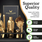 Highball & Chaser Bartender Kit with Espresso Bamboo Stand. Beautiful Cobbler Cocktail Shaker Set with Bar Tools Rustproof Stainless Steel Bar Set (Matte Gold)