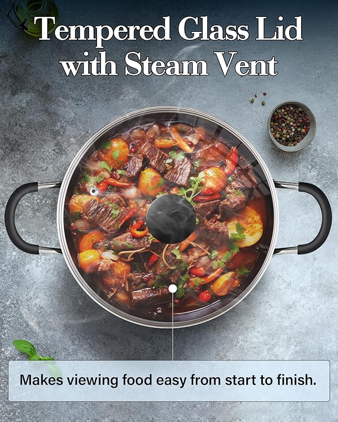 Cook N Home Nonstick Stockpot with Lid 6-QT, Professional Deep Cooking Pot Cookware Casserole with Glass Lid, Black