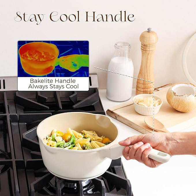 PRICUSIS Ceramic Nonstick Saucepan with Lid, 2 Quart Non Toxic Pot with Pour Spouts, Full Coated, 100% Dishwasher Safe, Induction Compatible & Oven Safe, PTFE PFAS & PFOA Free, Coconut White