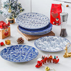 Ceramic Dinner Plates Set - 10.5 Inch Large Kitchen Porcelain Salad Serving Plate for Pasta Steak Pizza Pancakes - Scratch Resistant Dishwasher Oven Microwave Safe - Set of 6 - Vintage Blue