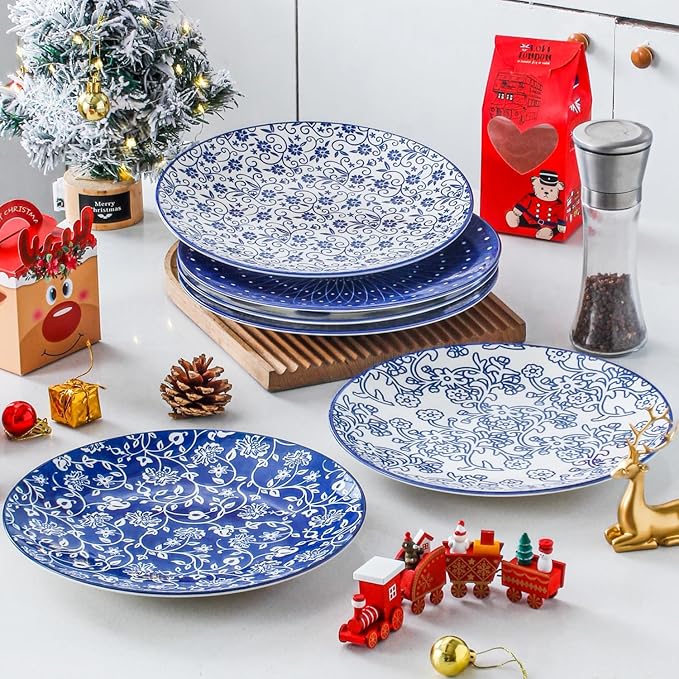 Ceramic Dinner Plates Set - 10.5 Inch Large Kitchen Porcelain Salad Serving Plate for Pasta Steak Pizza Pancakes - Scratch Resistant Dishwasher Oven Microwave Safe - Set of 6 - Vintage Blue