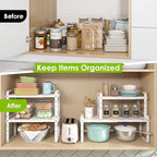 DOLALIKE Expandable kitchen Countertop Organizer, Stackable Cabinet Shelf Organizers, Space Saving Spice Rack Pantry Storage for Bathroom Office Organization (6.9'D*13-19.7''W*15.7''H, White)