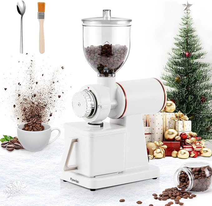Burr Coffee Grinder Electric Espresso Grinder Commercial & Homeuse Silent Small Coffee Bean Grinder with Hopper Adjustable Grind, With Brush, Spoon, White
