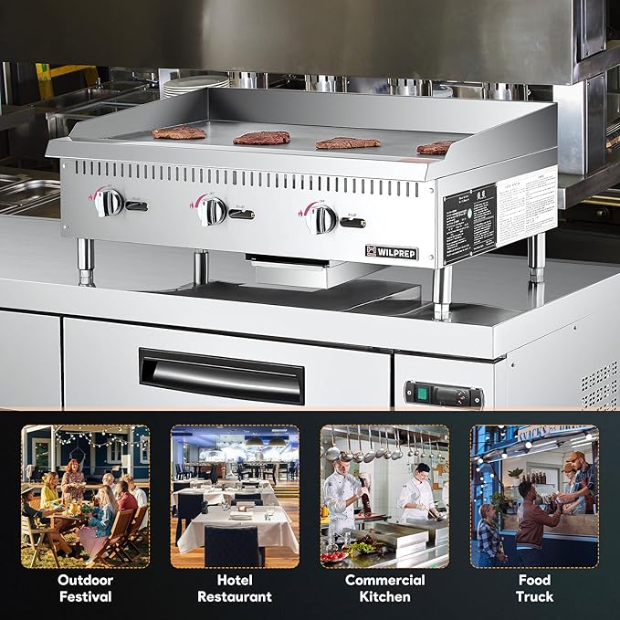 WILPREP Commercial Gas Griddle, 36 in. Gas Countertop Griddle with 3 30000 BTU U-Shaped Burners, NG LPG Compatible Flat Top Grill Hot Plate with Independent Knob Controls for Home Commercial Kitchen