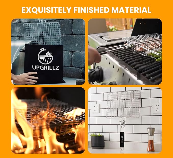 Fish Grill Baskets for Outdoor Grill Vegetables, Fish Grilling rack for Grill, BBQ Grilling Basket, Stainless steel Grill Basket for Veggies, shrimp Includes 5 Steel Skewers, Silicon Brush, and Carry Bag