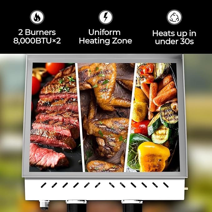 R.W.FLAME 2 Burner Tabletop Propane Griddle, 23" Stainless Steel Gas Griddle, 16,000 BTU Flat Top Grill for Outdoor BBQ,Camping & Patio Gatherings