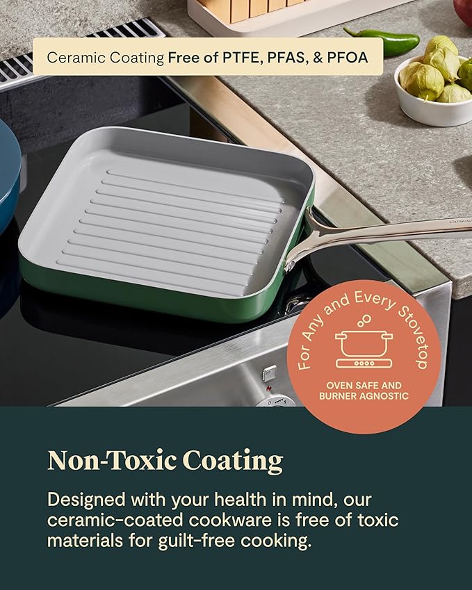 Caraway Square Grill Pan - 11” Grill Pan - Non-Stick Ceramic Coated - Non Toxic, PTFE & PFOA Free - Oven Safe & Compatible with All Stovetops - Perracotta