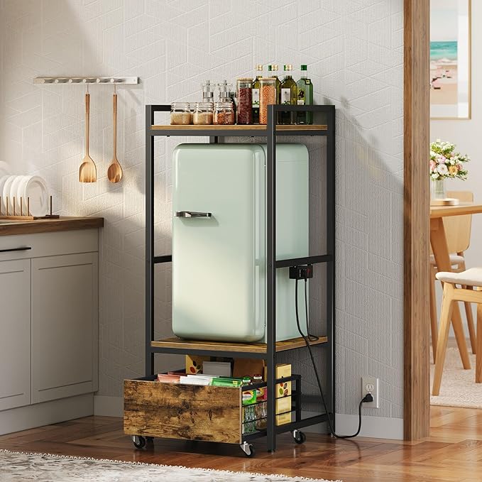 Mini Fridge Stand with Movable Drawer, Microwave Stand with Power Outlet, Mini Fridge Shelf with Adjustable Shelves, Kitchen Bakers Rack for Dorm, Dining Room, Home, Rustic Brown HB05UBR