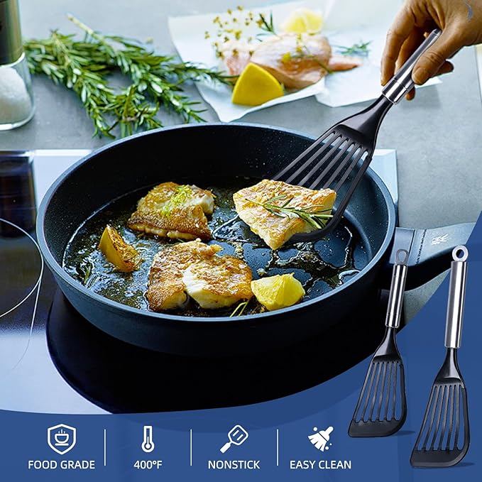 KSENDALO Fish Spatula Egg Flexible Slotted Turner Flipper, Silicone Coated Edged Kitchen Utensil for Nonstock Cookware, Lightweight & Sturdy Cooking Tool for Fish, Eggs, Pancakes, Omelettes