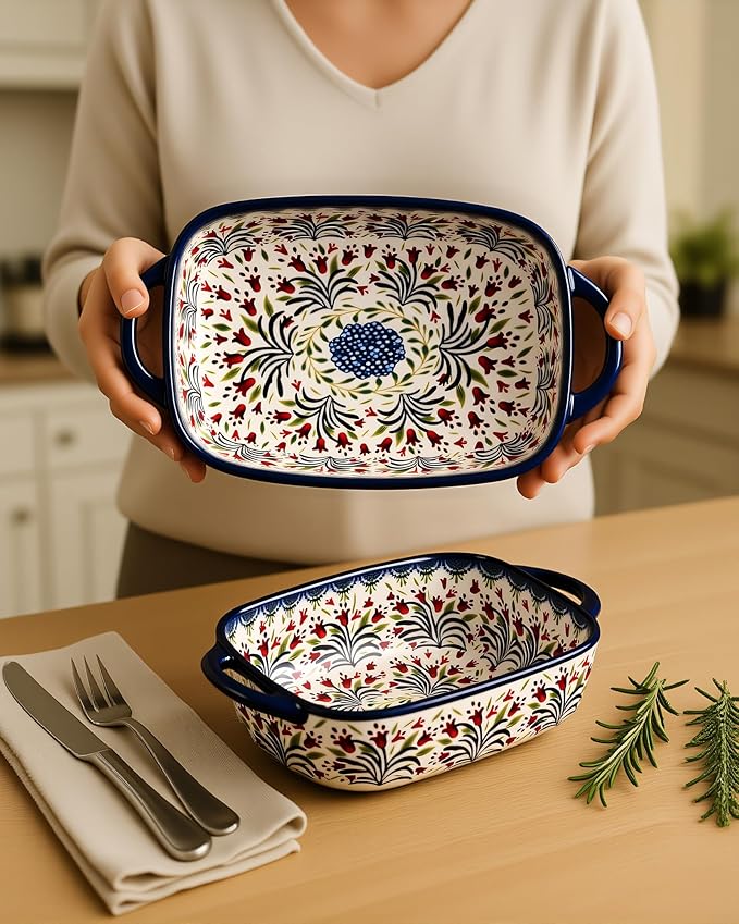 Ceramic Baking Dish Set of 2 – Decorative Polish Pottery Style Casserole Dishes with Handles, Cute Oven-Safe Lasagna Bakeware Gift Set