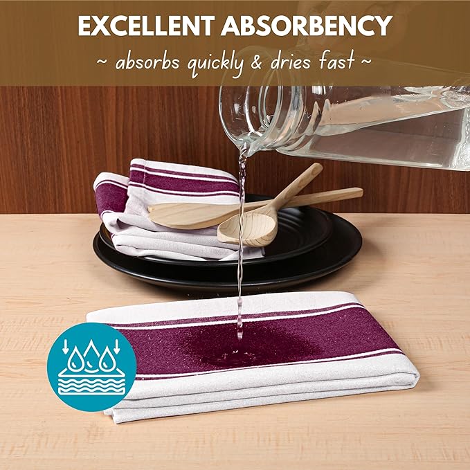Native Fab Kitchen Towels 18 x 28 Inch, Set of 6, Wide Stripe, Super Absorbent, Quick Dry, Soft, 100% Cotton Dish Towels for Wiping Hands, Drying Dishes, Cleaning Dishcloths Set - Burgundy (Maroon)