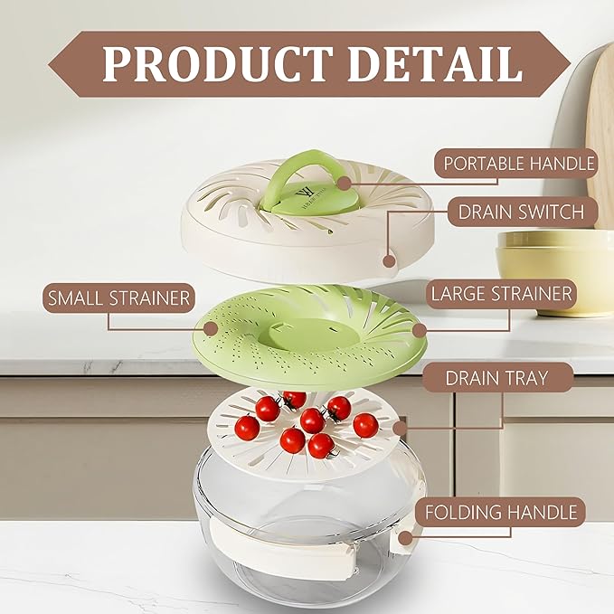 2 Pcs Multi Purpose Drain Basket with Lid, Collapsible Handle 2 in 1 Draining and Preservation Basket, Fruit Washing Bowl with Strainer, Colander for Suitable for Wash Berry, Vegetables