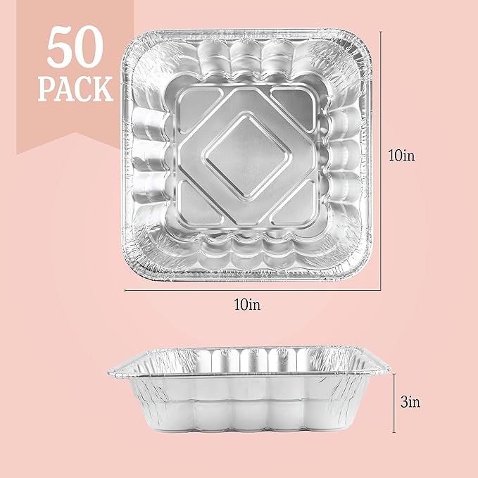 PLASTICPRO Disposable 10'' X 10'' X 3'' Inch Square Aluminum Tin Foil Baking Pans Bakeware - Cookware Perfect for Baking Cakes, Breads, Brownies, Bread, Meatloaf, Lasagna, Pack of 50
