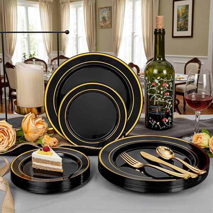 WDF 200PCS Black and Gold Plastic Plates - Black Plates Disposable for Party - Heavy Duty Plastic Plate for Halloween/New Year
