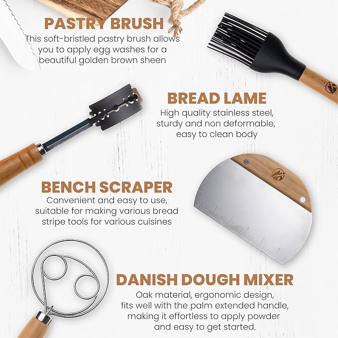 Danish Dough Whisk Stainless Steel Set 4PCS – Dough Hook 13'', Sourdough & Bread Making Tools Kit – Includes Wooden Bench Scraper, Bread Lame & Pastry Brush – Top Sour Dough Tools for Baking