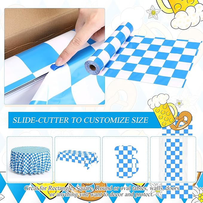 Tudomro 54 Inch x 100 FT Oktoberfest Tablecloth Roll, Oktoberfest Themed Party Supplies, Waterproof Plastic Blue and White Checkered Tablecloth for German Themed Birthday Party Decorations