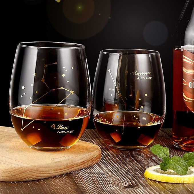 HOHY Leo Wine Glass - Stemless, 20oz Golden, Zodiac Constellation Glass, Horoscope Gift for Women & Men
