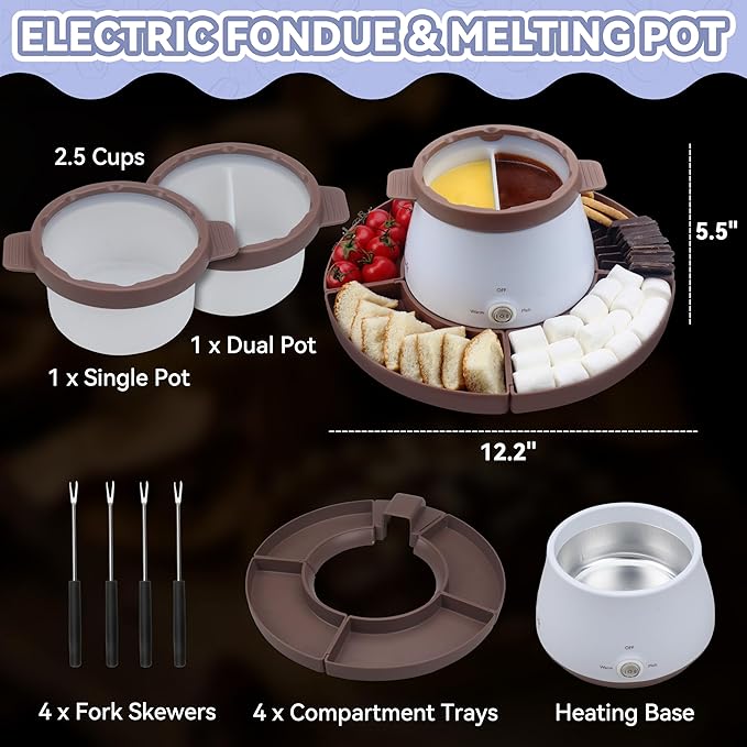 Electric Fondue Pot Set with 2 Pots, Melting Chocolate Warmer for Dipping, Candy & Chocolate Melting Pot, Fondue Pot Electric Set, Fondue Forks Included, 2.5 Cups, Brown
