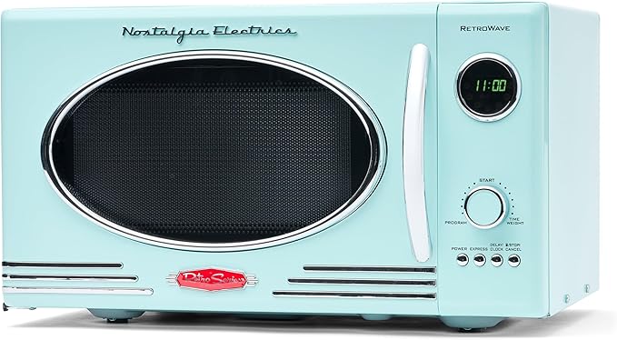 Nostalgia Retro Countertop Microwave Oven, 0.9 Cu. Ft. 800-Watts with LED Digital Display, Child Lock, Easy Clean Interior, Aqua