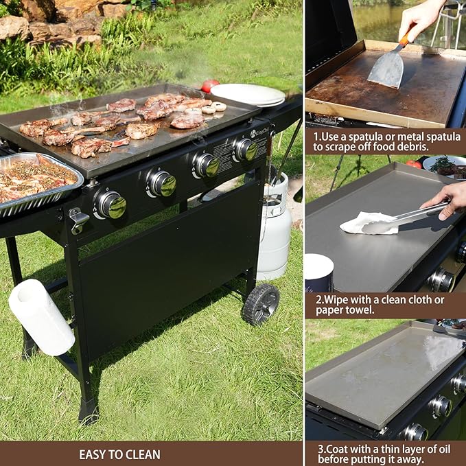 KingChii 32" 4-Burner Griddle with Integrated Protective Hood and Counter Height Side Shelves, Powder Coated Steel, for Breakfast, BBQ & Grilling w/Steel Cooking Surface,Black