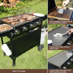 KingChii 32" 4-Burner Griddle with Integrated Protective Hood and Counter Height Side Shelves, Powder Coated Steel, for Breakfast, BBQ & Grilling w/Steel Cooking Surface,Black