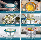TeamFar Mixing Bowls with Colander Set, Stainless Steel Strainer and Nesting Salad Bowls, with Lids & 3 Graters, Non-Slip Bottom & Visible Lid, Rotatable & Dishwasher Safe, 4.6/3/1.5 QT, Blue
