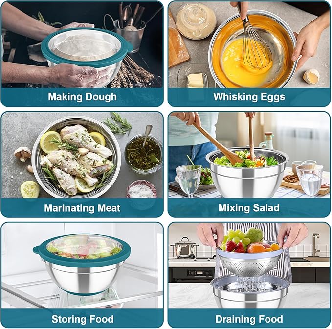 TeamFar Mixing Bowls with Colander Set, Stainless Steel Strainer and Nesting Salad Bowls, with Lids & 3 Graters, Non-Slip Bottom & Visible Lid, Rotatable & Dishwasher Safe, 4.6/3/1.5 QT, Blue