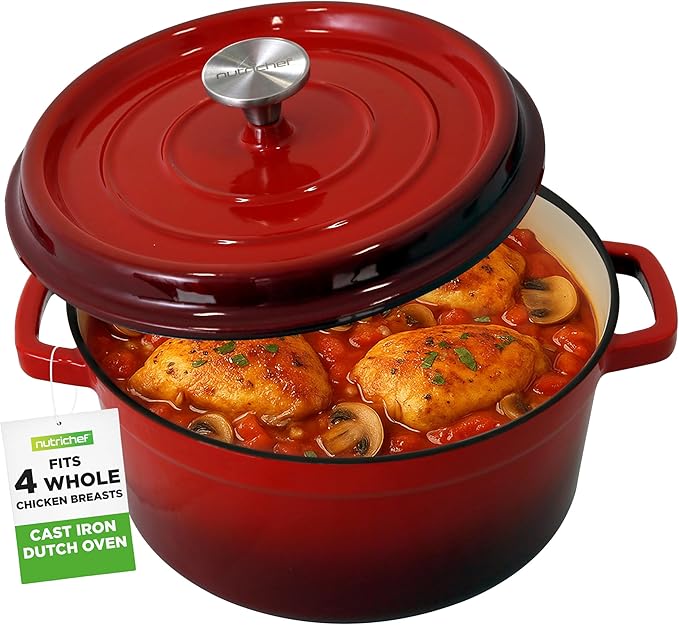 NutriChef Enameled Cast Iron Dutch Oven - 5-Quart Kitchen Round Dutch Oven Stovetop Casserole Cookware Braising Pot, Porcelain Enamel Coated Cast-Iron Baking Pots w/ Self Basting Lid