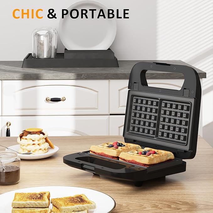 Sunvivi 3 in 1 Waffle, Grill & Sandwich Maker, Sandwich Maker Panini Press Waffle Iron Set with Removable Non-Stick Plates & Indicator Lights, Grill and Sandwich Press for Breakfast, 750W, Black