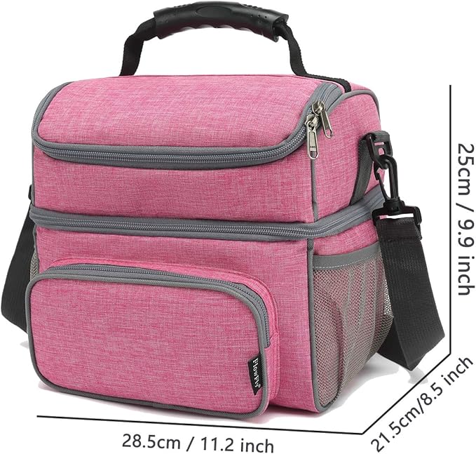 FlowFly Double Layer Cooler Insulated Lunch Bag Adult Lunch Box Large Tote Bag for Men, Women, With Adjustable Strap,Front Pocket and Dual Large Mesh Side Pockets