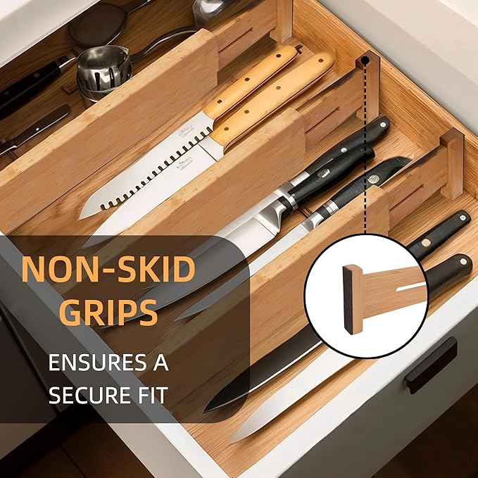 Adjustable Bamboo Drawer Dividers 17"-21", Speaid Safety 4-Pack, Drawer Dividers Kitchen With Cushioning Pads (4)