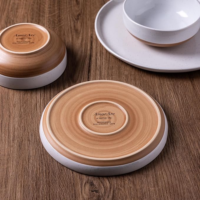 AmorArc Ceramic Dinnerware Sets for 8, 24 Pieces Handpainted Plates and Bowls Set with Rustic Terracotta Underside, Scratch Resistant Stoneware Dishes Set, Dishwasher & Microwave Safe, Multi-Color