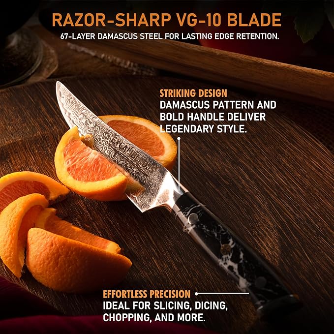 Utility Knife 6 Inch – VG-10 Damascus Stainless Steel, Razor Sharp, Full Tang, Ergonomic G10 Handle – Multipurpose Kitchen Knife for Meat, Vegetables, Fruits – Durable, Dishwasher Safe