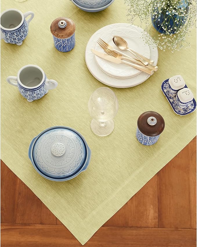Solino Home Linen Tablecloth 52 x 52 Inch - 100% Pure Linen Square Table Throw - Athena, Machine Washable Chambray Yellow Tablecloth for Summer