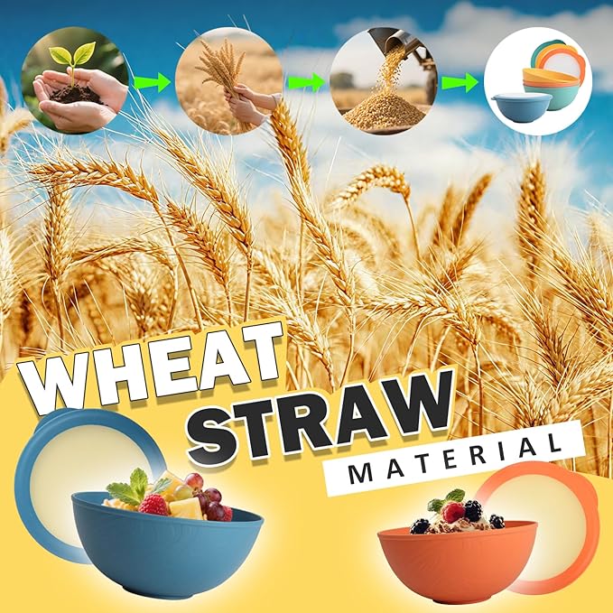 Wheat Straw Bowls Set with Lids, Unbreakable 40 OZ Cereal Bowls Set of 4, Salad Container for Lunch, Microwave & Dishwasher Safe Bowl Set for Kitchen, Picnic, RV, Camping, Multi