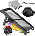 Adjustable Stainless Steel Mandoline Slicer for Kitchen – Sharp & Durable Vegetable and Fruit Cutter with Non-Slip Grip, Safety Gloves, Cleaning Brush – Easy-Clean & Dishwasher-Safe