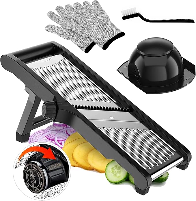 Adjustable Stainless Steel Mandoline Slicer for Kitchen – Sharp & Durable Vegetable and Fruit Cutter with Non-Slip Grip, Safety Gloves, Cleaning Brush – Easy-Clean & Dishwasher-Safe