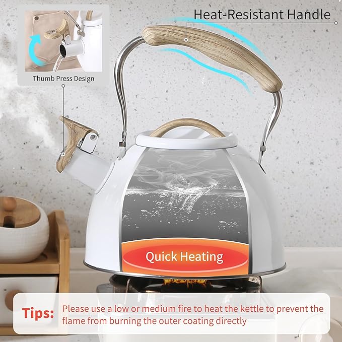 LONFFERY Tea Kettle for Stove Top, 3.2 Quart Whistling Tea Kettle, Food Grade Stainless Steel and Wood Pattern Folding Handle, White