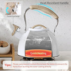 LONFFERY Tea Kettle for Stove Top, 3.2 Quart Whistling Tea Kettle, Food Grade Stainless Steel and Wood Pattern Folding Handle, White