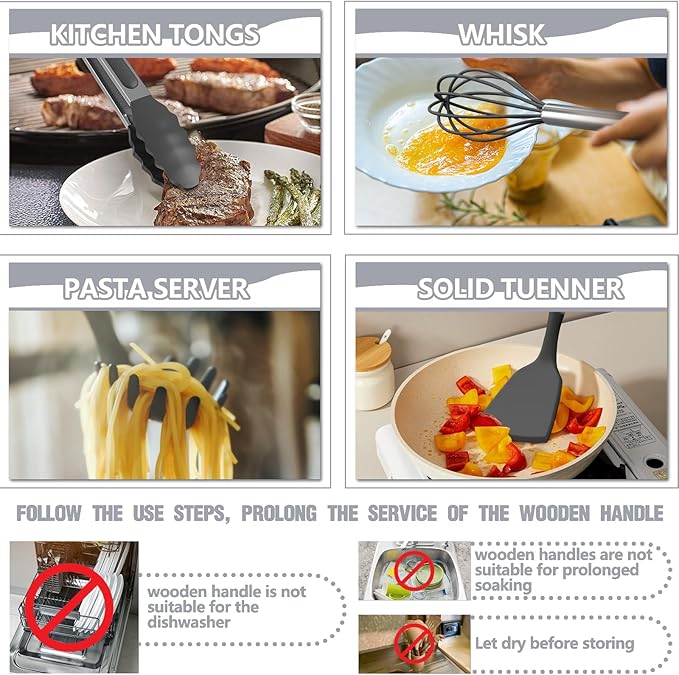 Umite Chef Silicone Kitchen Utensil Set, 34PCS Heat Resistant Kitchen Gadgets and Tools With Grater, Wood Handles for Nonstick Cookware (Dark Gray)