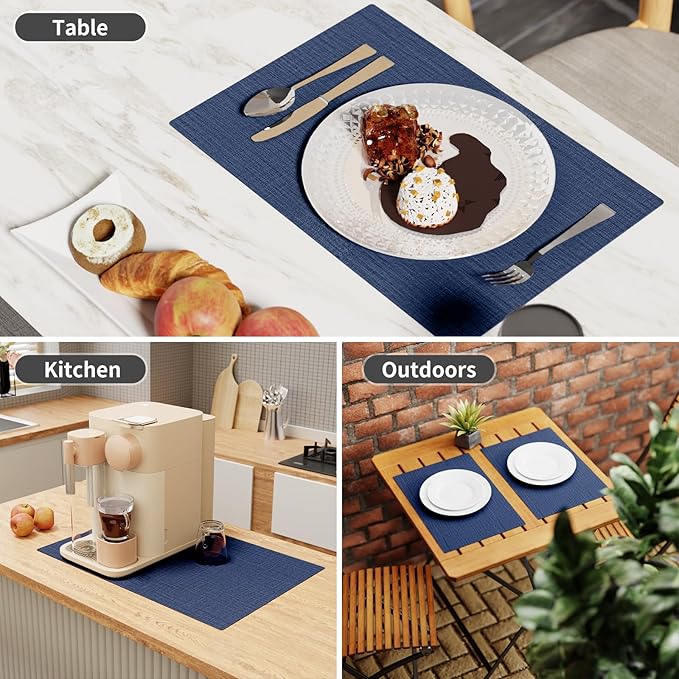 Cloth Placemats, Set of 6 Heat-Resistant Cotton Linen Blend Double Layered Machine Washable Place Mats, Wrinkle Free Thick Fabric Dining Table Mats for Indoors & Outdoors (Navy Blue, 6)