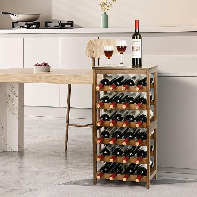 VASMIA Wine Rack Freestanding Floor, 6-Tier Display Wine Storage Shelves with Table Top, 24-Botttle Bamboo Wine Rack Shelf for Kitchen Bar Dining Room Living Room, Walnut