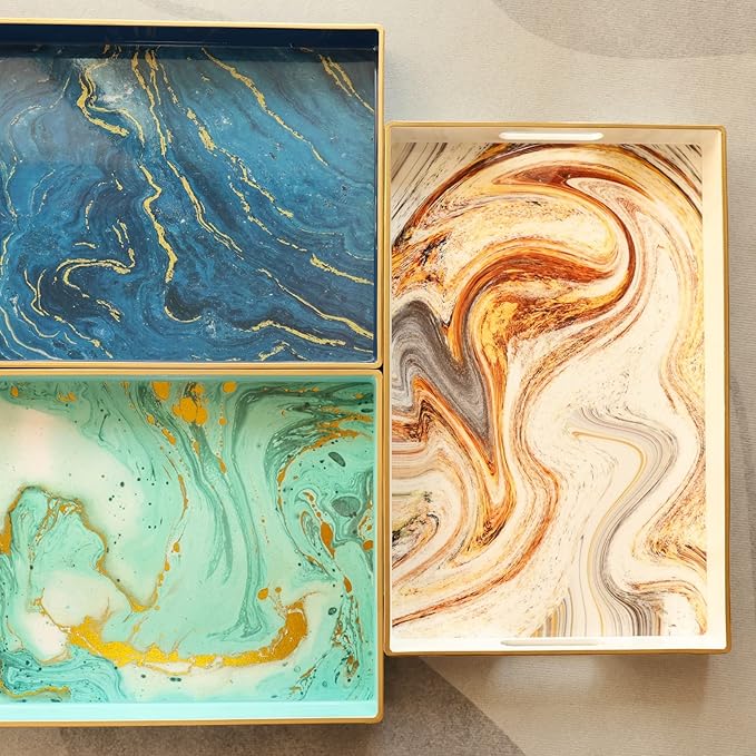 Turquoise Marbling Decorative Tray with Handles, Morden Plastic Rectangular Serving Tray for Coffee Table Bathroom, Ottoman, Home Decor, 15.7"* 10.2"* 1.38"