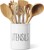 Barnyard Designs Ceramic Farmhouse Kitchen Utensil Holder for Countertop, Decorative Kitchen Utensil Crock for Counter, Spatula Holder, 7" (White)