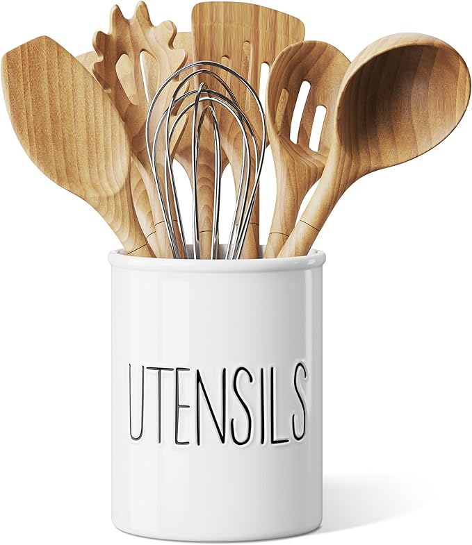 Barnyard Designs Ceramic Farmhouse Kitchen Utensil Holder for Countertop, Decorative Kitchen Utensil Crock for Counter, Spatula Holder, 7" (White)