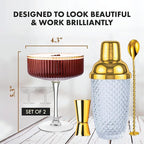 VEMACITY - Luxury Gold Cocktail Shaker Set - 15oz Glass Shaker with Strainer, 2 Gold-Rim 10oz Ribbed Martini Glasses and Bar Tools - Wedding Gift and Gift Sets