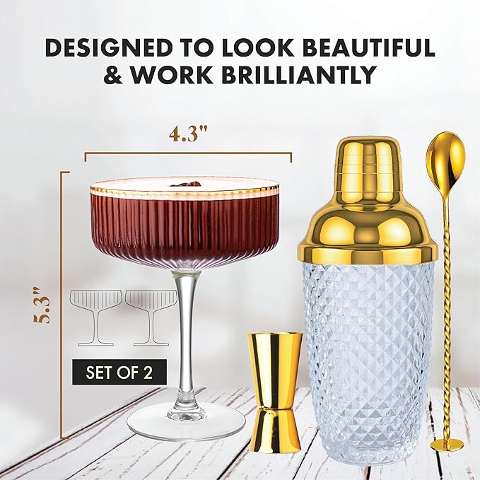 VEMACITY - Luxury Gold Cocktail Shaker Set - 15oz Glass Shaker with Strainer, 2 Gold-Rim 10oz Ribbed Martini Glasses and Bar Tools - Wedding Gift and Gift Sets